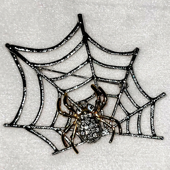 Source Unknown Jewelry - Spooky Large Spiderweb with Rhinestone Spider Silvertone Brooch